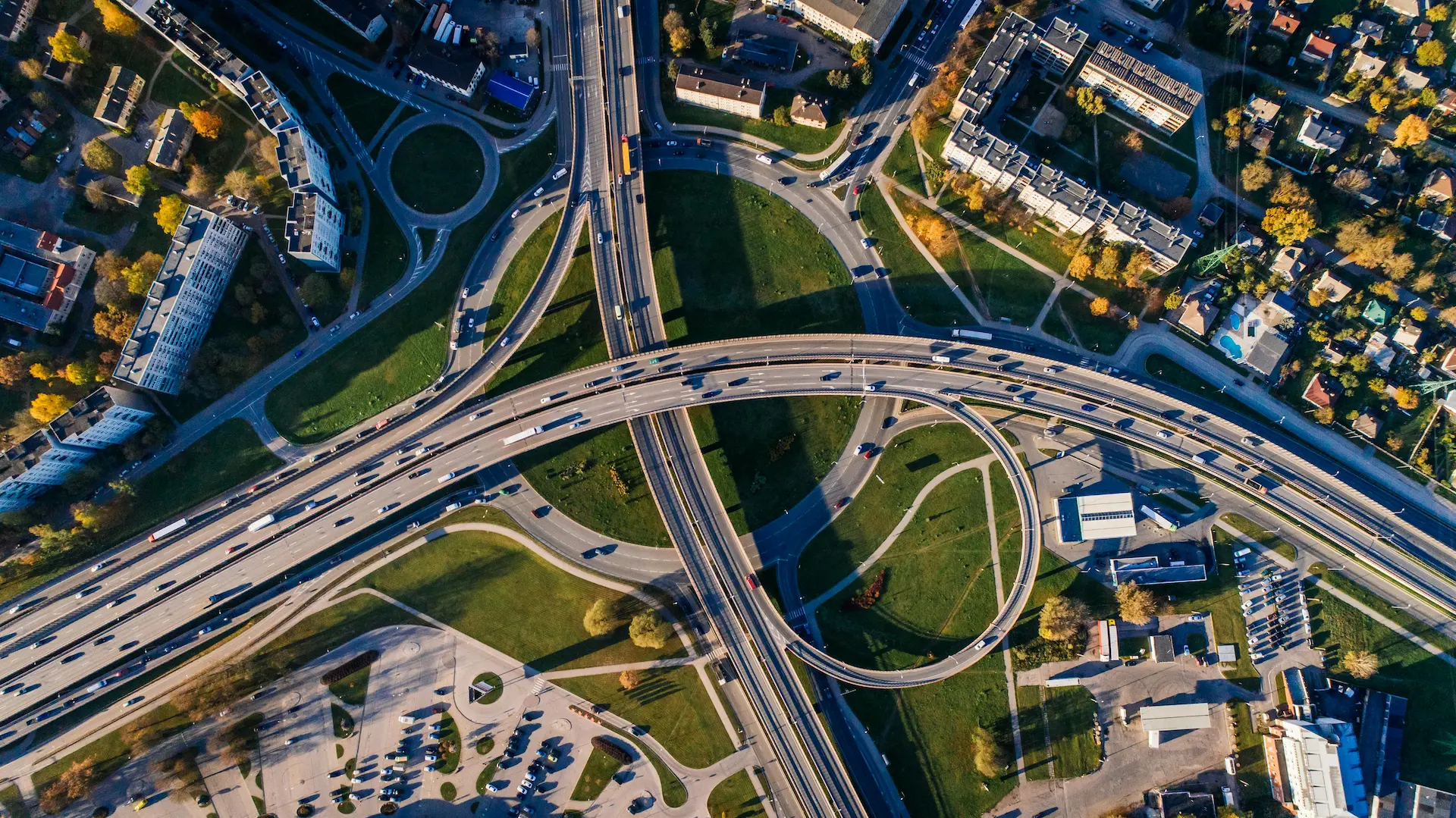 A complex highway interchange from above.